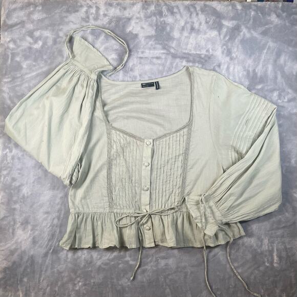 Pastel sage green cotton peasant top XL long blouson sleeves peplum cottage boho - Picture 9 of 9